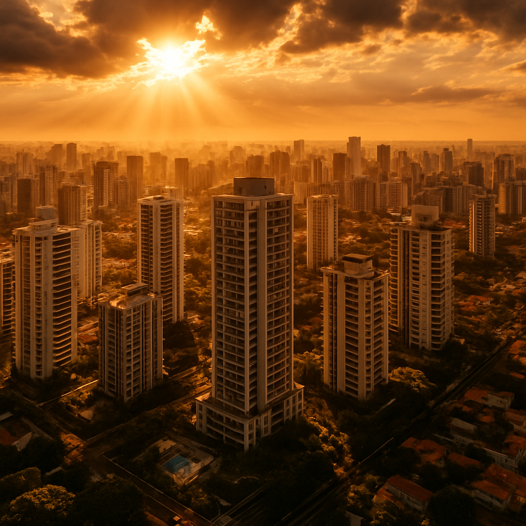 Vista aérea de cidade ao entardecer dourado
